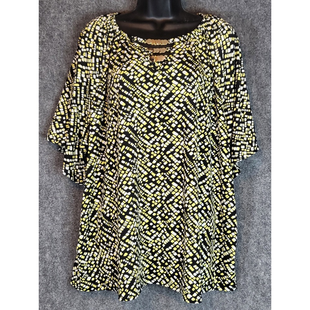 NY Collection Dress Womens 3X Black Yellow White‎ Print Gold Accent Plus Sz Work